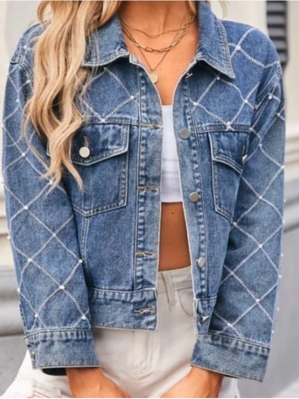 Women’s Denim Jacket with Diamond Grid Accent - Blue